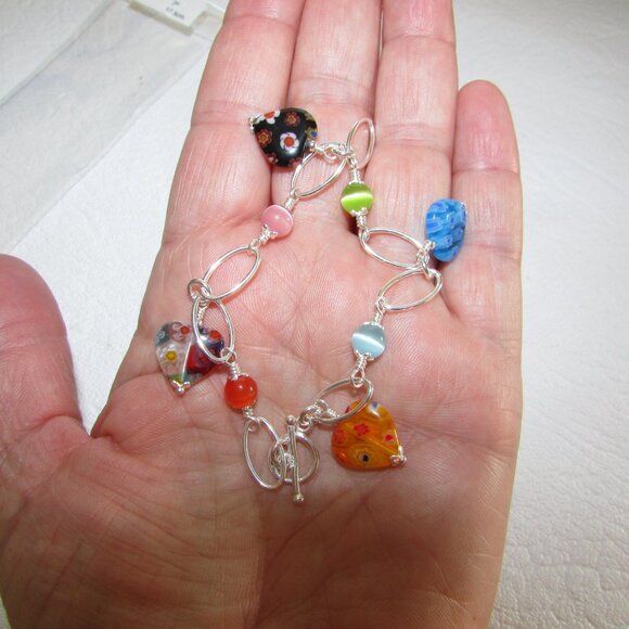 Sterling Silver Glass Beads and Heart Charms Bracelet - NEW - Picture 4 of 10
